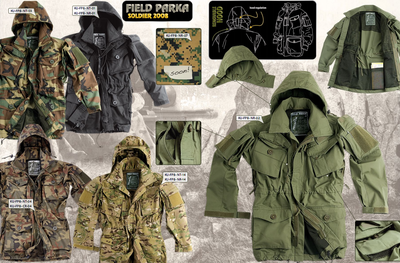 Полевая куртка Field Parka представляет из себя куртку для повседневнего ношения.<br />Расцветку камуфляжа можно заказывать любую как на фото.<br />Описание модели:<br />- 2 больших нагрудных кармана, скошенных для удобства пользования, закрывающихся на клапаны с пуговицей. Низ карманов выполнен сетчатым<br />- 1 маленький карман на левой стороне груди, располагается на большом нагрудном кармане. Закрывается на пуговицу.<br />- Два, с доступом снаружи, больших нагрудных кармана, закрывающихся на молнию<br />- Два стандартных боковых кармана, с клапанами на пуговице. Низ карманов выполнен сетчатым<br />- Два наплечных кармана, на каждом из рукавов, с платформами-липучками для крепления знаков различия. <br />Наплечный карман представляет из себя комплекс из:<br />а) внешнего кармана для ручек, маркеров и тому подобных мелочей. Закрывается клапаном с липучкой;<br />б) внутреннего полноразмерного кармана, расположенного под внешним. Закрывается на молнию<br />- Пристегивающийся на пуговицах капюшон<br />- Капюшон в передней части снабжен интегрированным проволочным каркасом<br />- Утяжки по низу куртки<br />- Утяжки в районе пояса<br />- Молнии в подмышечной зоне рукавов<br />- Фронтальная застежка: молния (пластик). Клапан, закрывающий молнию застегивается на липучку. Внизу куртки - металлическая кнопка<br />- Платформа для крепления звания застегивающаяся на пуговицу, располагается на клапане закрывающем молнию<br />- Часть рукава от локтевой зоны до манжет усилена дополнительным слоем материала<br />- Манжеты на рукавах регулируются липучкой.<br />- Подкладка куртки (плечевая и боковые зоны), кроме спинной части и рукавов, выполнена сетчатой<br />Материал: 50% хлопок, 50% нейлон<br /><br />KU-FP8-NT-01  4050руб<br />KU-FP8-NR-01  4050руб<br />KU-FP8-NT-03  4050руб<br />KU-FP8-NR-02  4050руб<br />KU-FP8-NT-04  4050руб<br />KU-FP8-CR-04  4050руб<br />KU-FP8-NT-14  4050руб<br />KU-FP8-NR-14  4050руб<br />KU-FP8-NR-07  4050руб